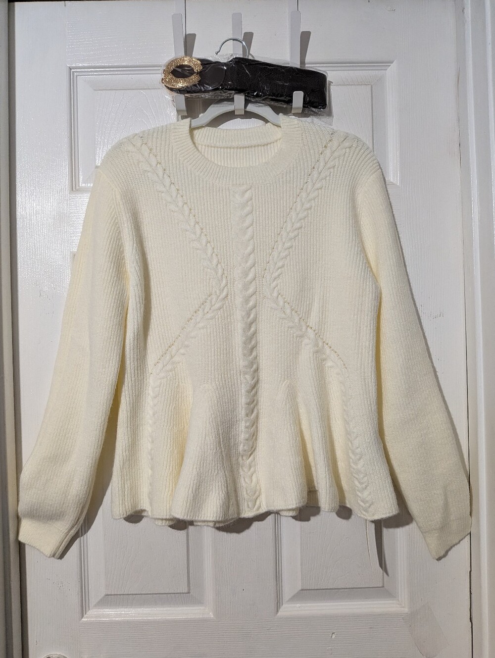 Commense Peplum Cable-Knit Top with Wide Belt - Picture 7 of 16